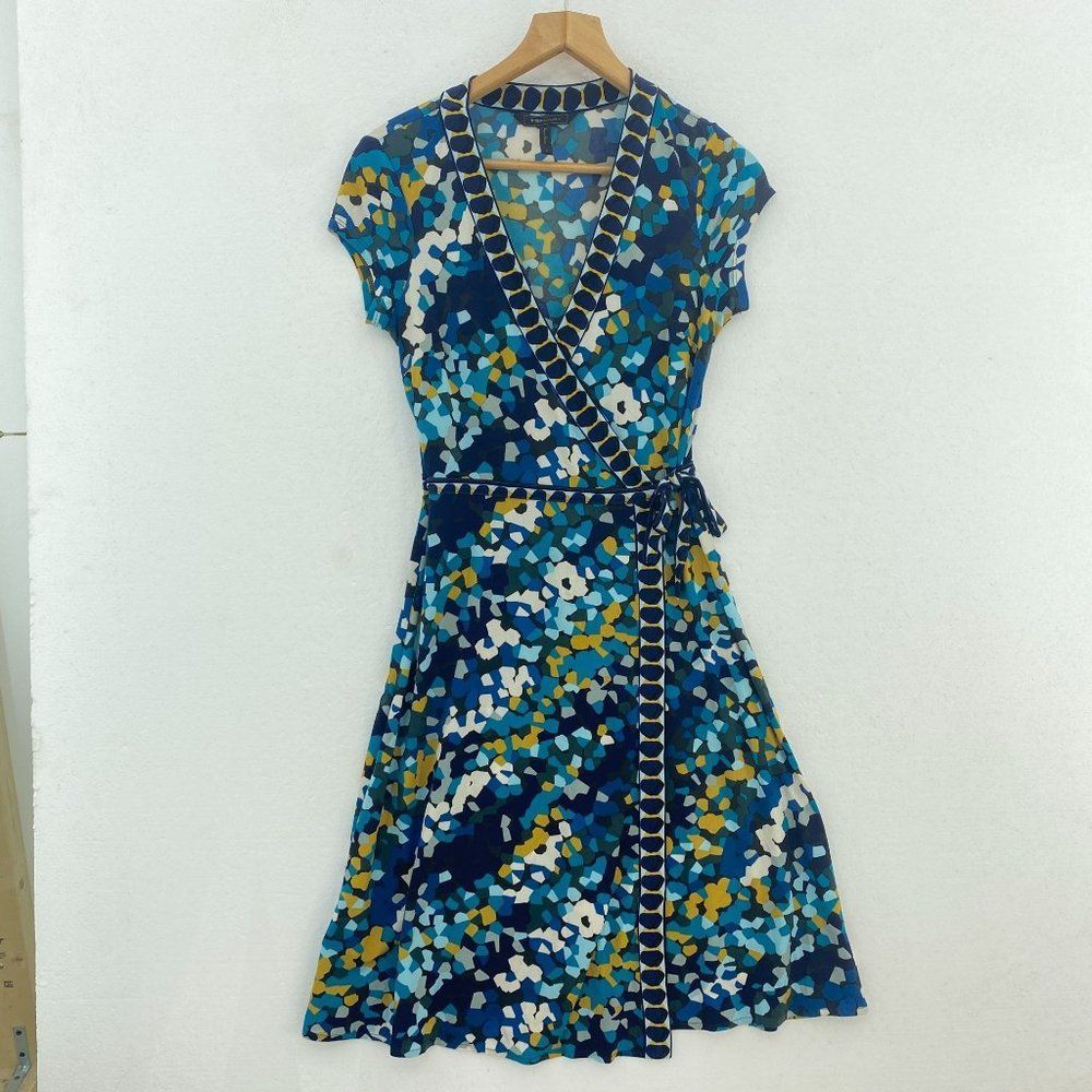 BCBG MAXAZRIA Blue And Yellow Cap Sleeve Wrap V-Neck Summer Dress